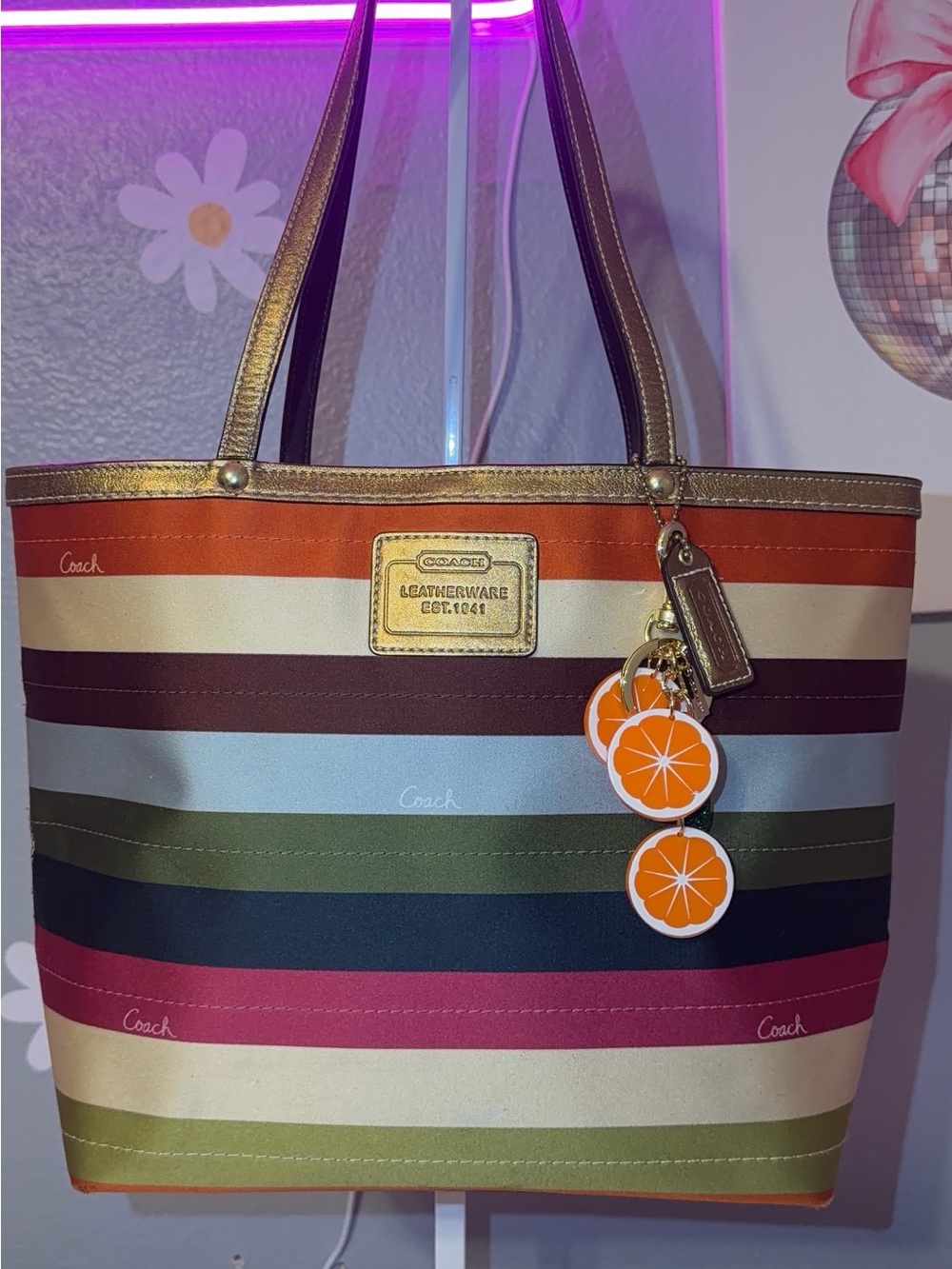 Coach Multicolor Striped Tote with Orange Charm and Gold Trim - Picture 2 of 5